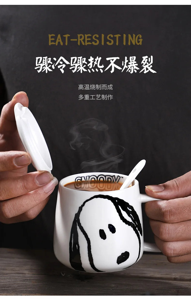 Black and White Snoopy Ceramic Mug With Cover Spoon