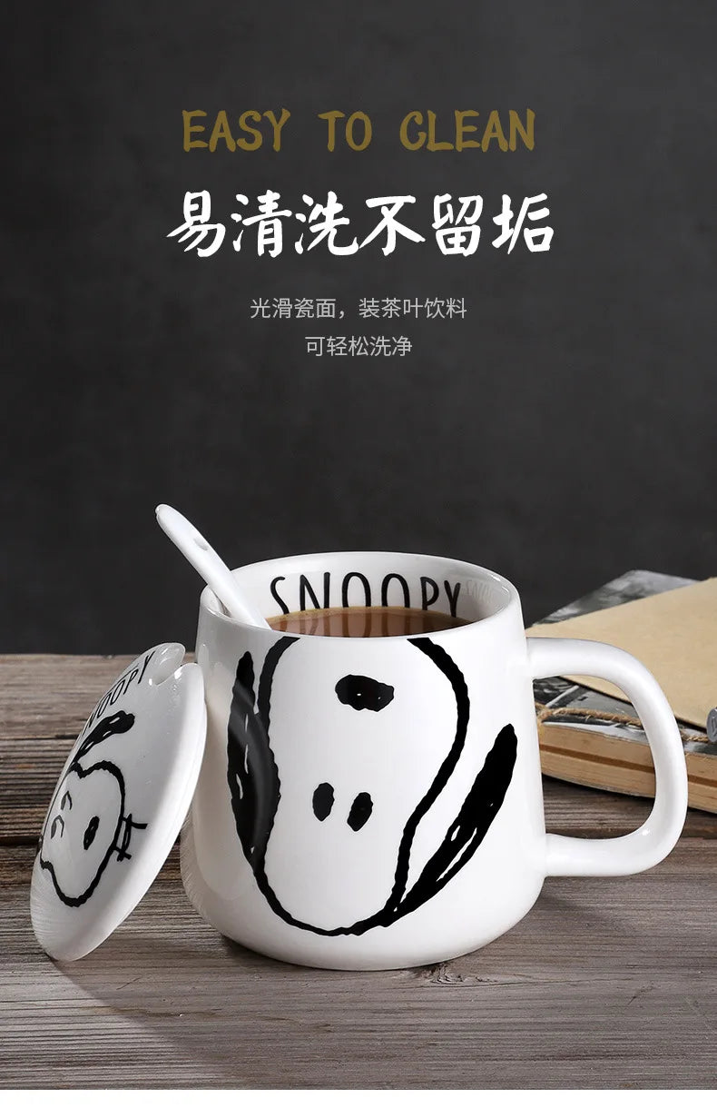 Black and White Snoopy Ceramic Mug With Cover Spoon