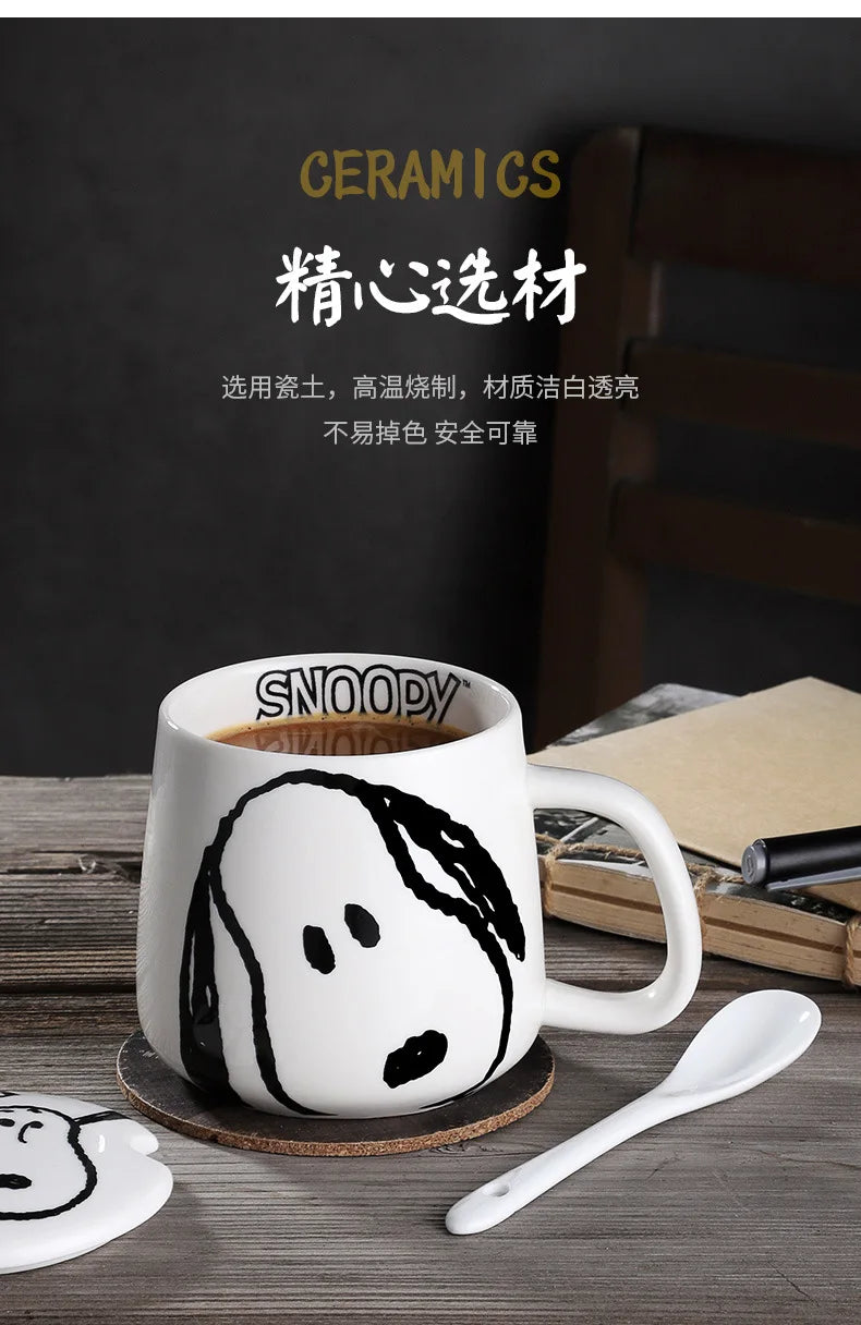 Black and White Snoopy Ceramic Mug With Cover Spoon