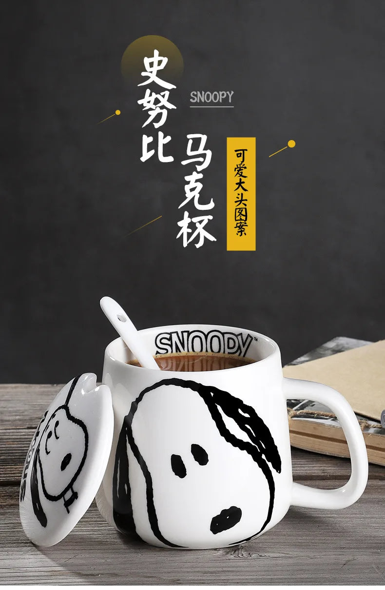 Black and White Snoopy Ceramic Mug With Cover Spoon