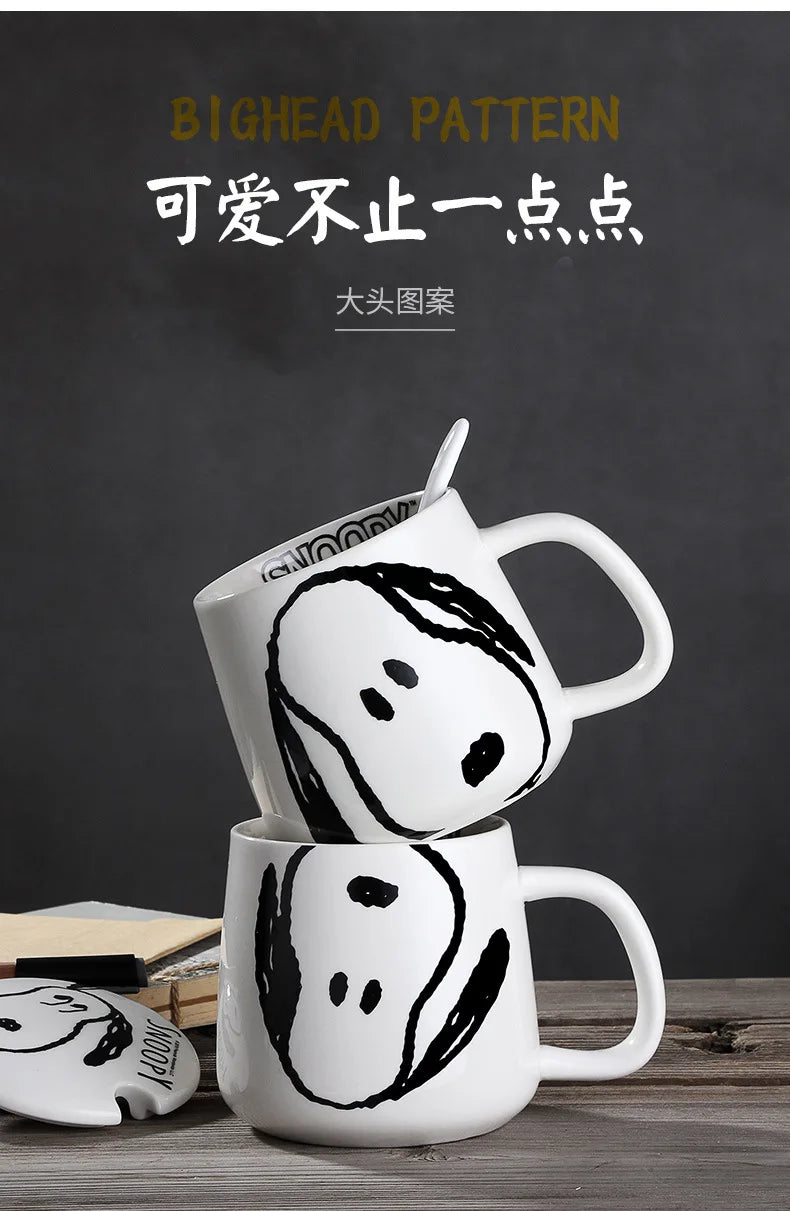 Black and White Snoopy Ceramic Mug With Cover Spoon