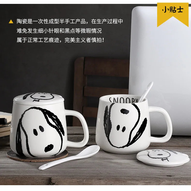 Black and White Snoopy Ceramic Mug With Cover Spoon