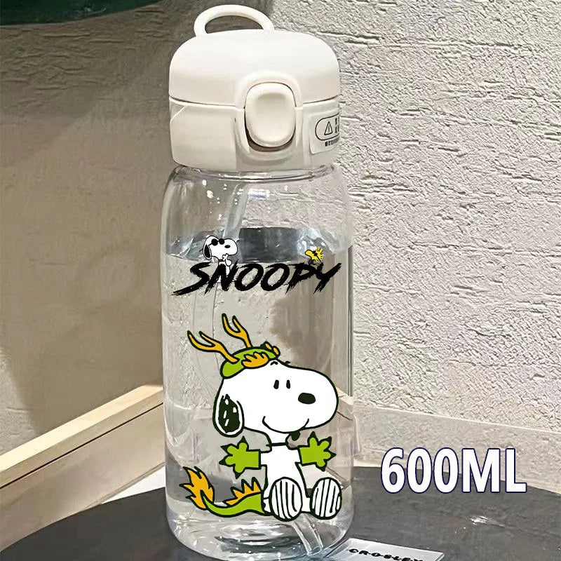 Snoopy Straw Bottles 600ml/400ML Transparent Plastic Anti Drop Water Bottle Children Students Charlie Browns Outdoor Capacity