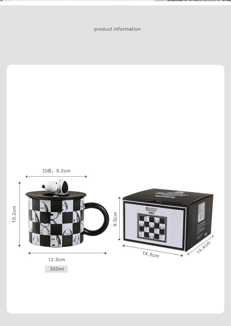 350Ml Black and White Mug With Lid Snoopy Cup