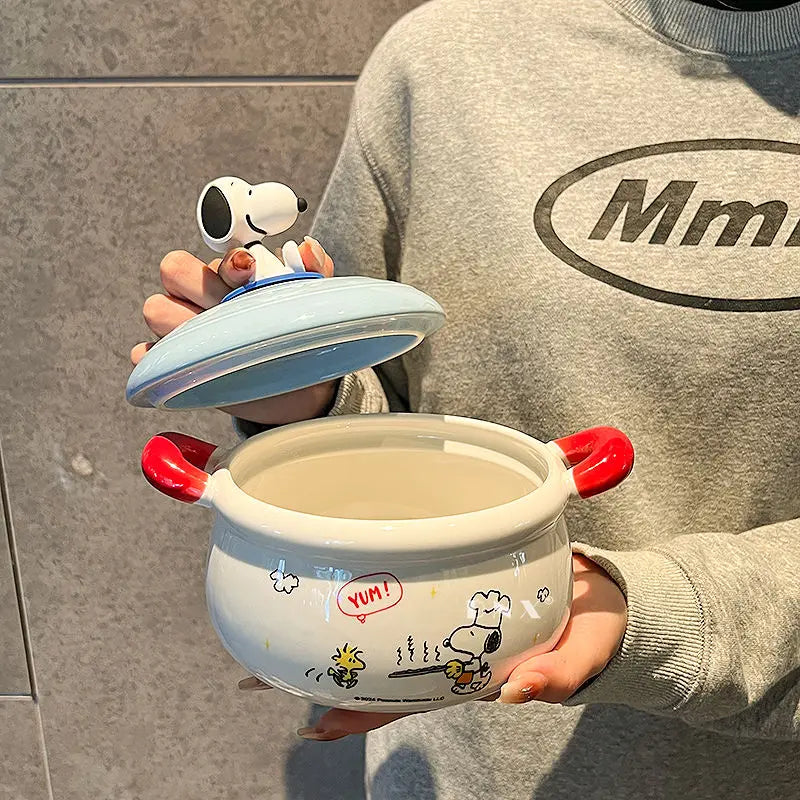 Peanuts Character Peripherals Snoopy New Ceramic Instant Noodle Bowl With Lid And Handle Student Dormitory Bowl Children'S Gift