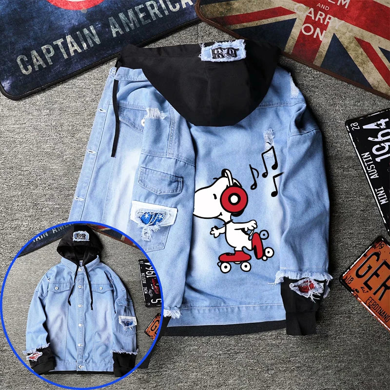 Denim Hooded Jacket Drawstring Retro Jean Snoopy Hoodie