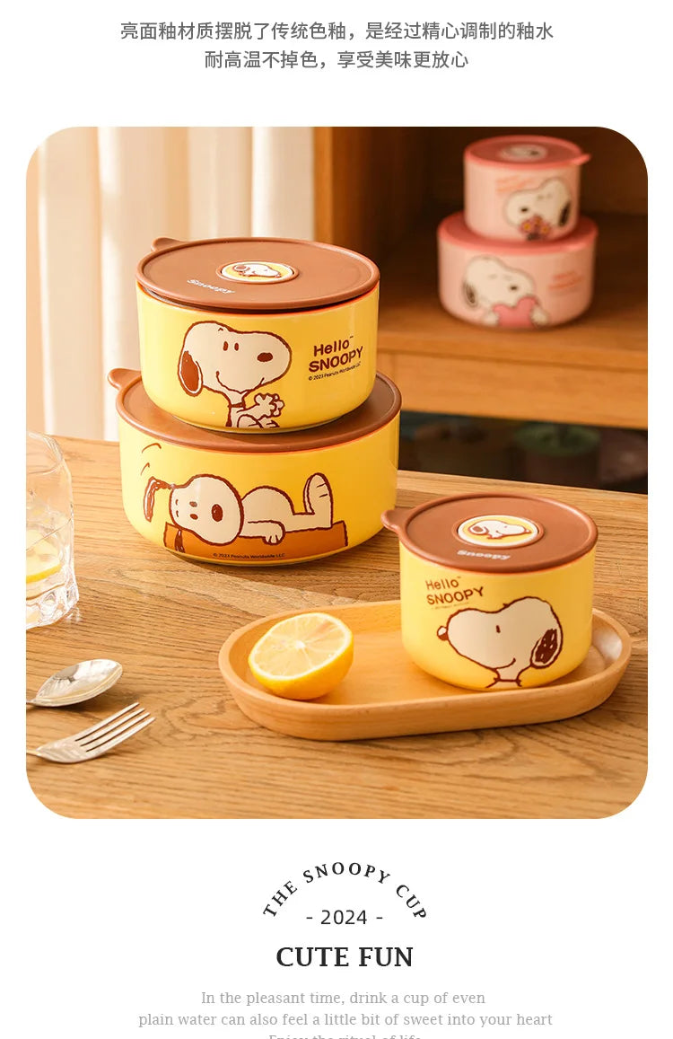 Snoopy Ceramic Bowl Set Three Piece Lid Snoopy Luch Box