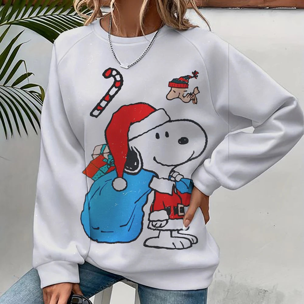 2024 autumn/winter new 3D printed women's Snoopy cartoon Christmas round neck pullover for women's street parties