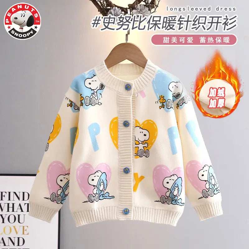 Peanuts Snoopy spring and autumn long-sleeved cartoon love printed thickened knitted cardigan children's casual all-match top