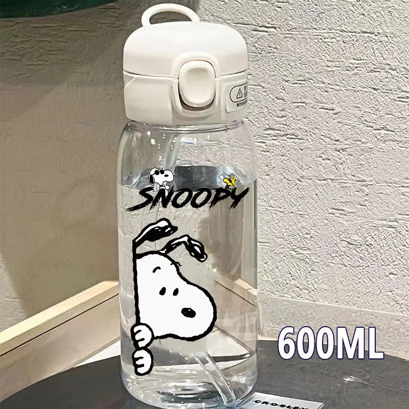 Snoopy Straw Bottles 600ml/400ML Transparent Plastic Anti Drop Water Bottle Children Students Charlie Browns Outdoor Capacity
