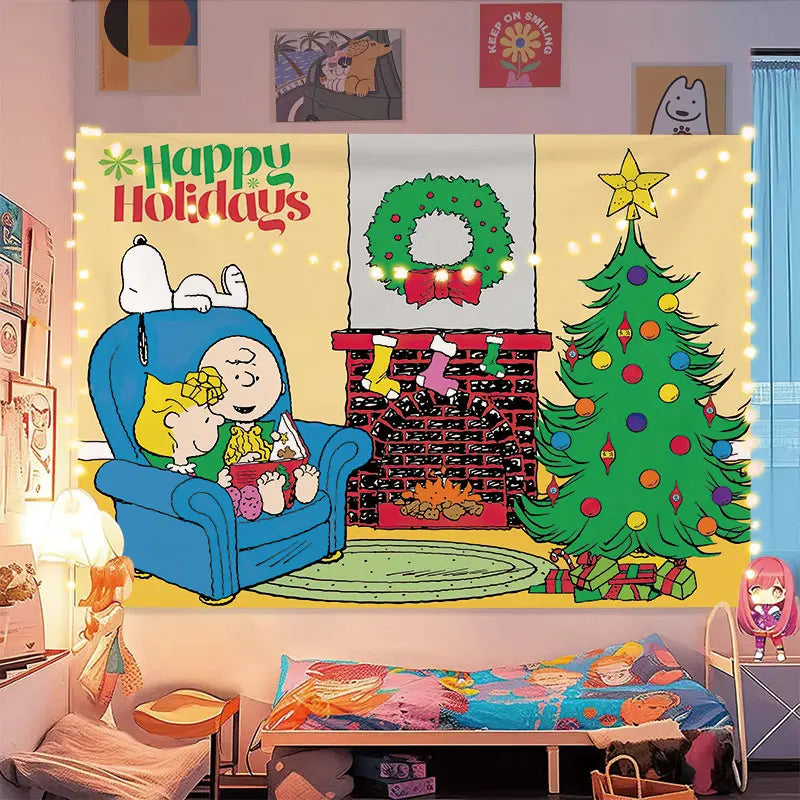 Miniso Snoopy Christmas Tapestry Wall Hanging Decor Kids Adult Bedroom Dorm Background Cloth Healing Style Party Decoration