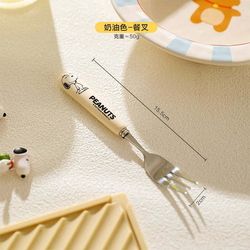 Animation Cartoon Snoopy Stainless Steel Spoon Ceramic Handled Spoon Fork Kawaii Children's Baby Tableware Cute Fruit Fork