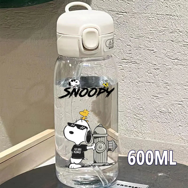 Snoopy Straw Bottles 600ml/400ML Transparent Plastic Anti Drop Water Bottle Children Students Charlie Browns Outdoor Capacity