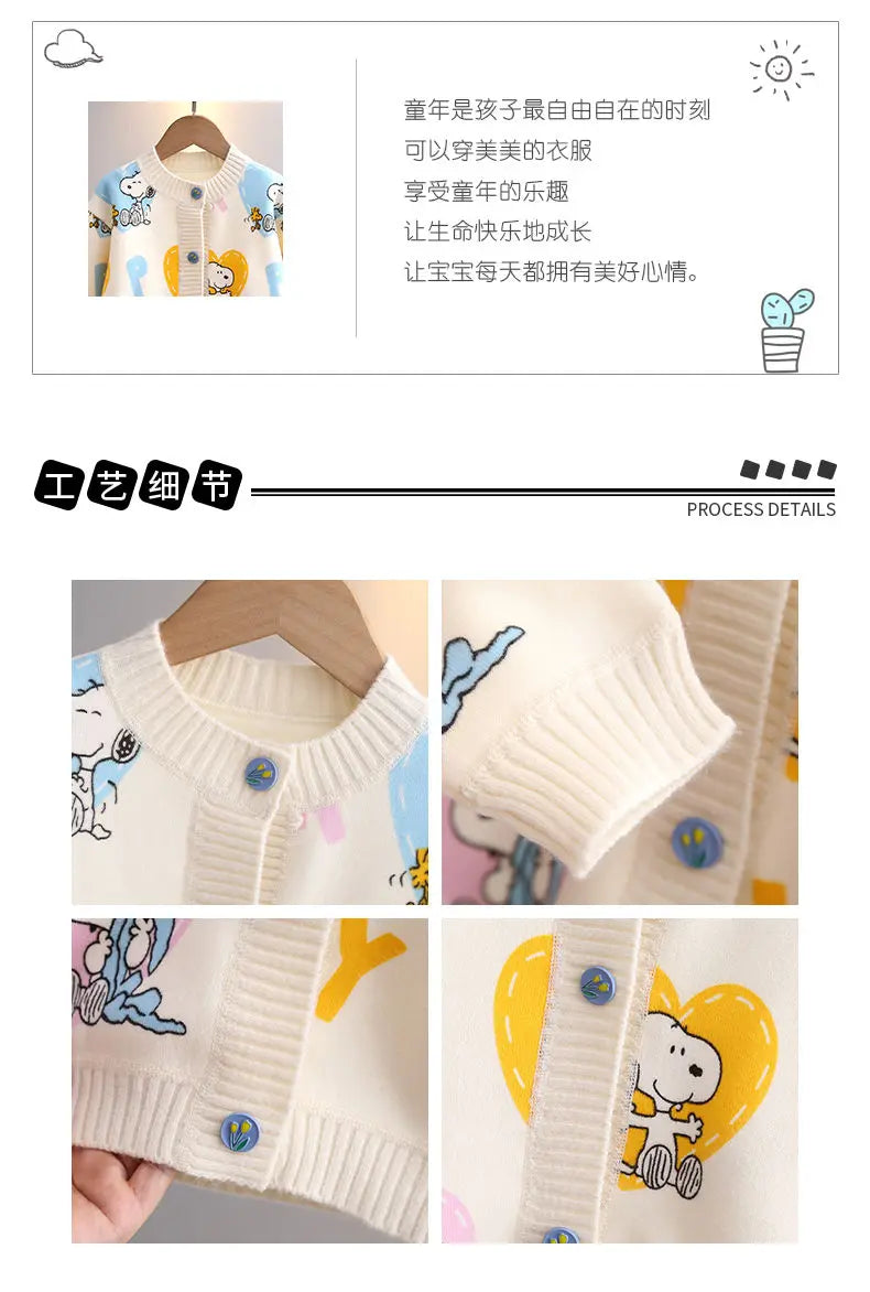 Peanuts Snoopy spring and autumn long-sleeved cartoon love printed thickened knitted cardigan children's casual all-match top