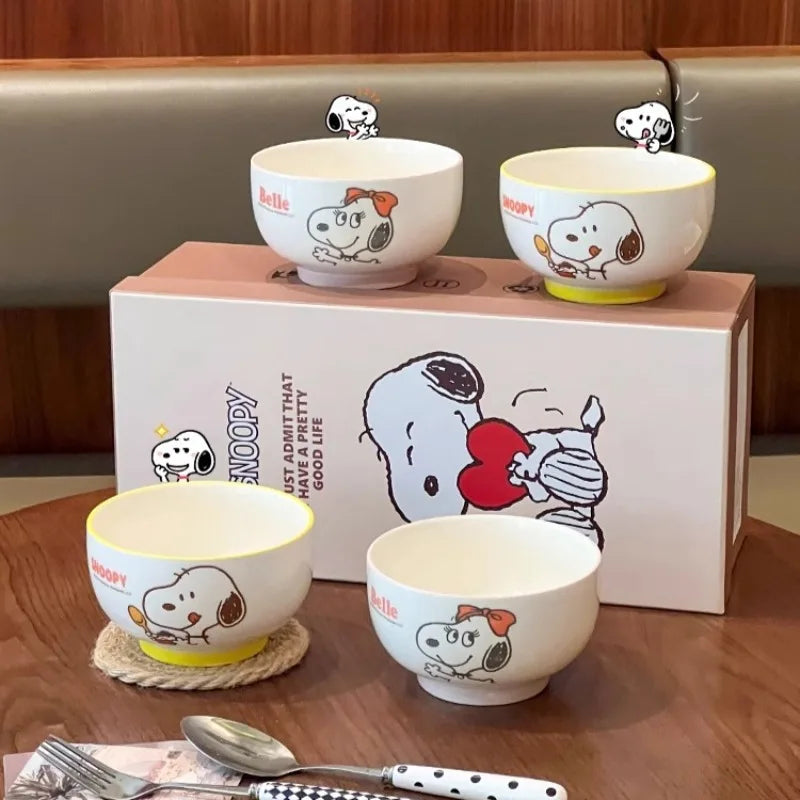 4Pcs Kawaii Snoopy Co-branded Cartoon Home Rice Bowl High Temperature Resistance Ceramic Tableware Set Gift Box Birthday Gift