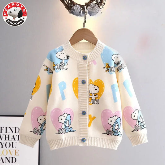 Peanuts Snoopy spring and autumn long-sleeved cartoon love printed thickened knitted cardigan children's casual all-match top