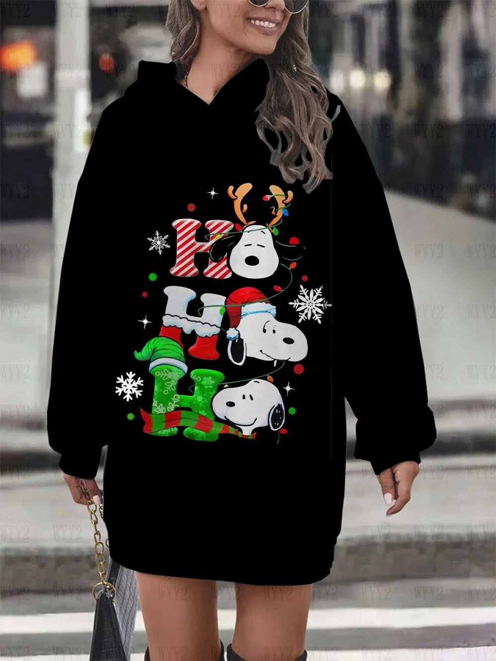 Christmas Print Hooded Black Sweatshirt Snoopy Hoodie