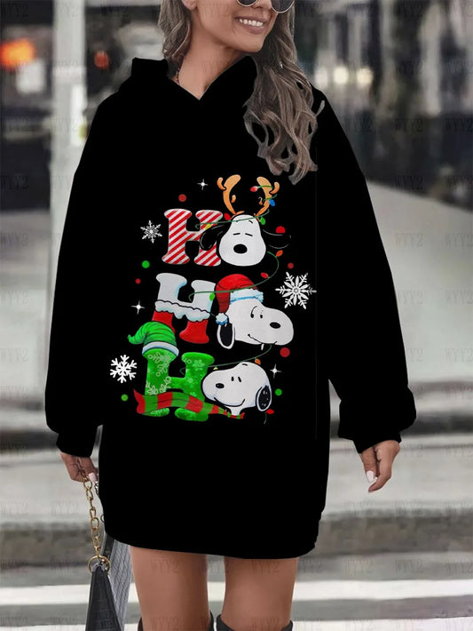 Christmas Print Hooded Black Sweatshirt  Snoopy Hoodie