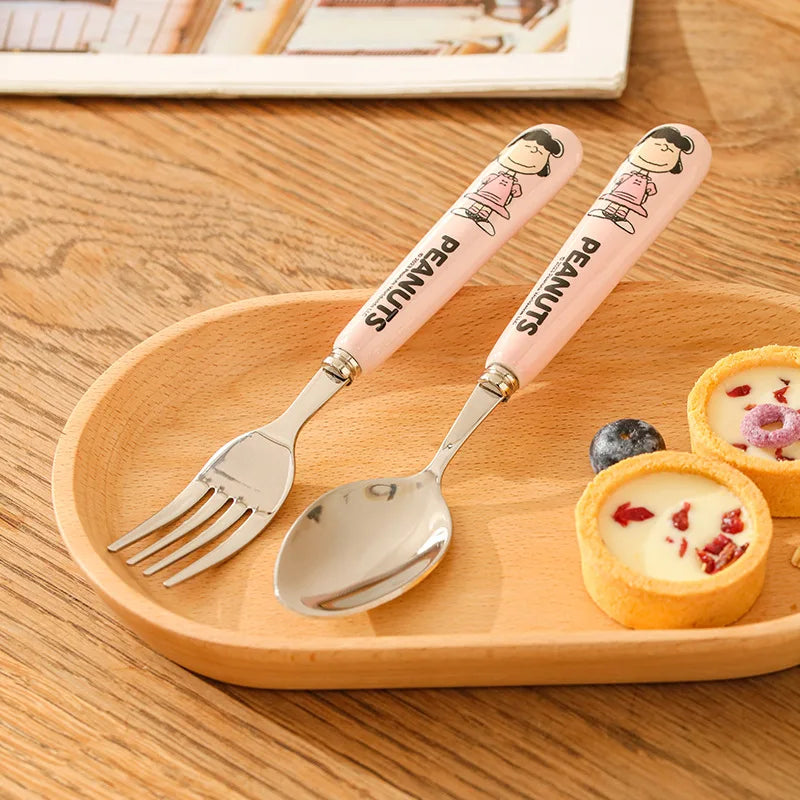 Animation Cartoon Snoopy Stainless Steel Spoon Ceramic Handled Spoon Fork Kawaii Children's Baby Tableware Cute Fruit Fork