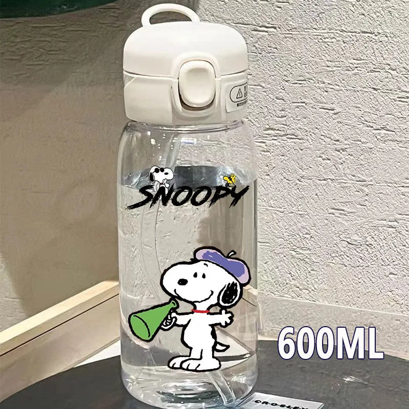 Snoopy Straw Bottles 600ml/400ML Transparent Plastic Anti Drop Water Bottle Children Students Charlie Browns Outdoor Capacity