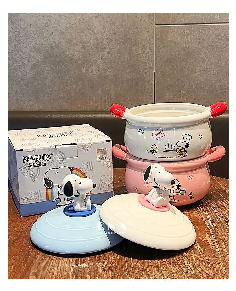 Peanuts Character Peripherals Snoopy New Ceramic Instant Noodle Bowl With Lid And Handle Student Dormitory Bowl Children'S Gift