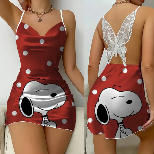 Snoopy Print Summer Women's Pajamas Comfortable Spaghetti Strap Backless Butterfly Lace Suspender Nightgown Luxury Sexy Dress