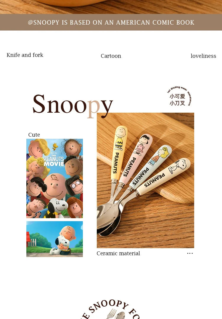 Animation Cartoon Snoopy Stainless Steel Spoon Ceramic Handled Spoon Fork Kawaii Children's Baby Tableware Cute Fruit Fork