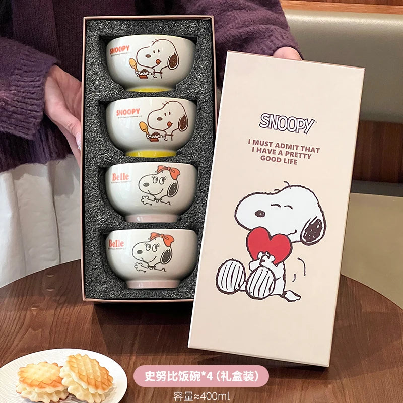4Pcs Kawaii Snoopy Co-branded Cartoon Home Rice Bowl High Temperature Resistance Ceramic Tableware Set Gift Box Birthday Gift