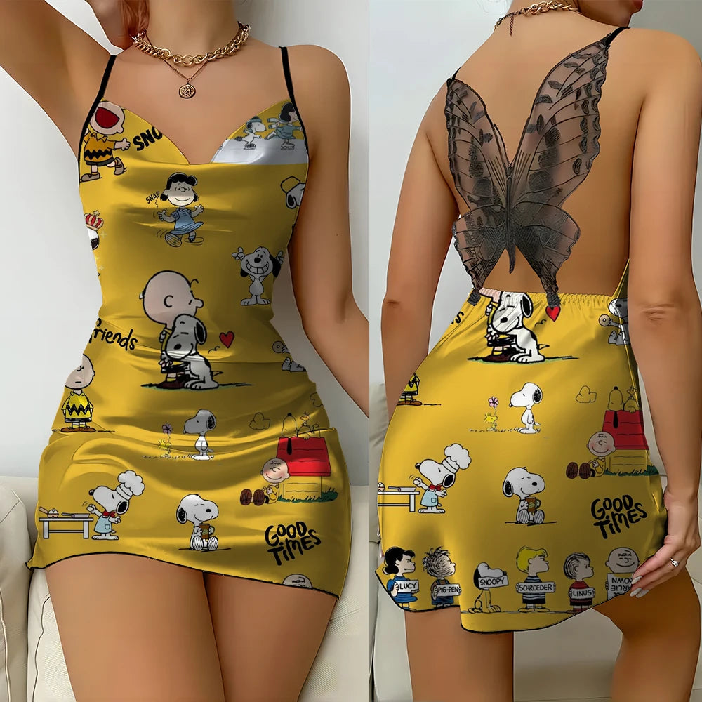 Snoopy Print Summer Women's Pajamas Comfortable Spaghetti Strap Backless Butterfly Lace Suspender Nightgown Luxury Sexy Dress