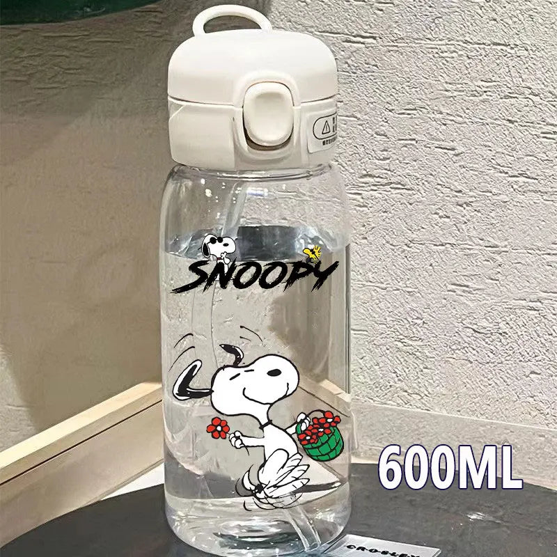 Snoopy Straw Bottles 600ml/400ML Transparent Plastic Anti Drop Water Bottle Children Students Charlie Browns Outdoor Capacity