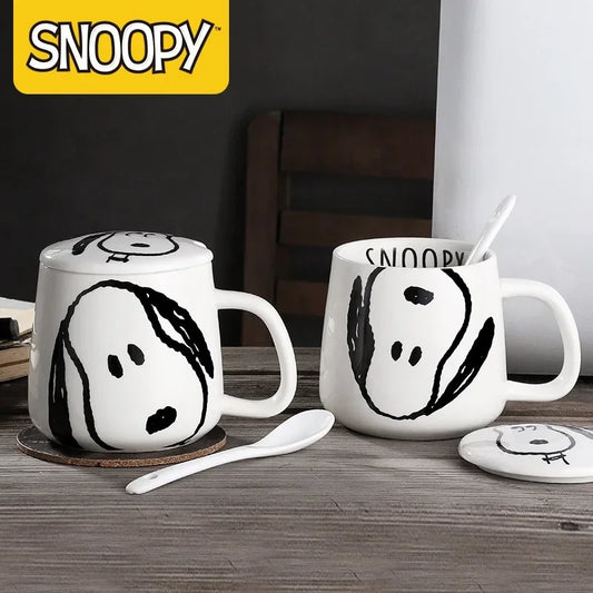 Black and White Snoopy Ceramic Mug With Cover Spoon