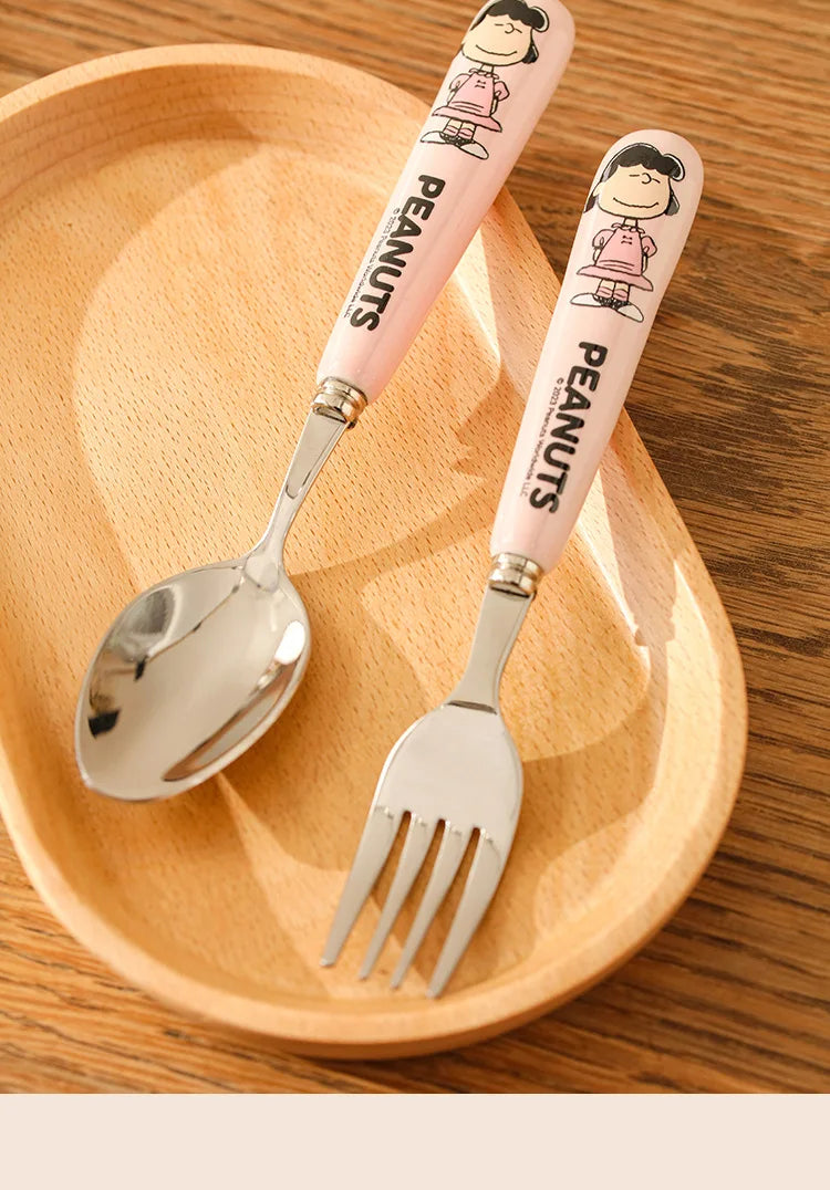 Animation Cartoon Snoopy Stainless Steel Spoon Ceramic Handled Spoon Fork Kawaii Children's Baby Tableware Cute Fruit Fork