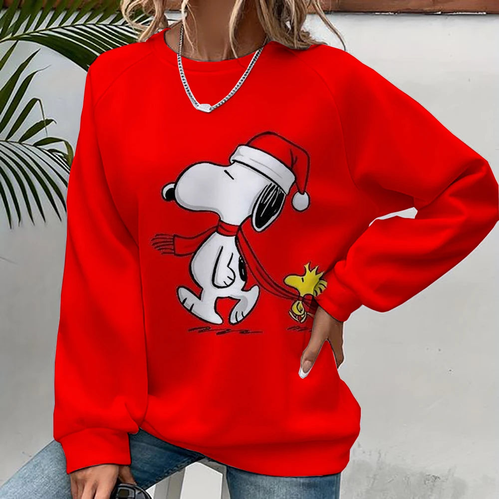 2024 autumn/winter new 3D printed women's Snoopy cartoon Christmas round neck pullover for women's street parties