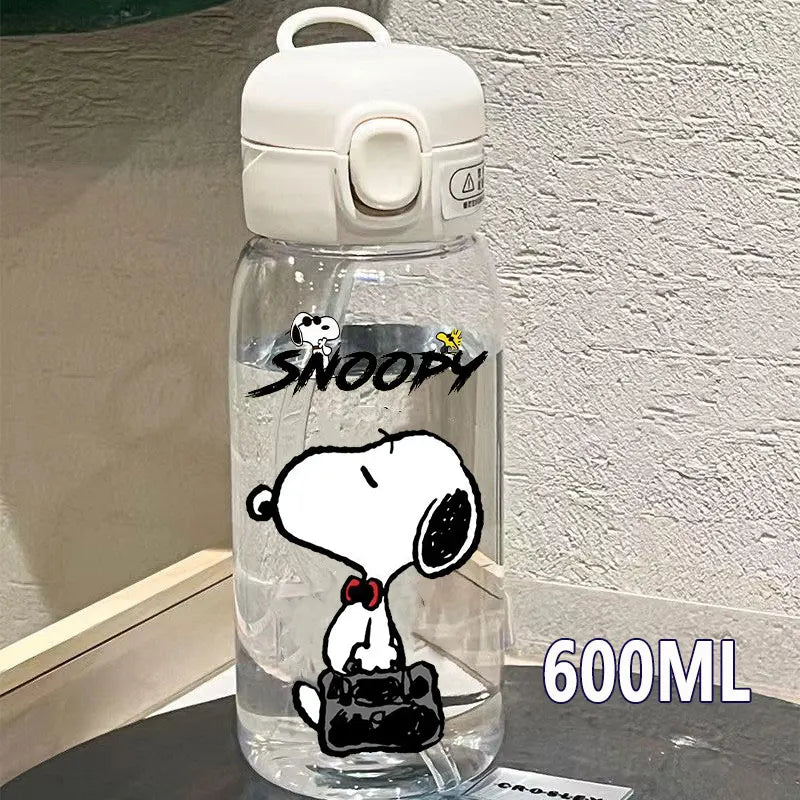 Snoopy Straw Bottles 600ml/400ML Transparent Plastic Anti Drop Water Bottle Children Students Charlie Browns Outdoor Capacity