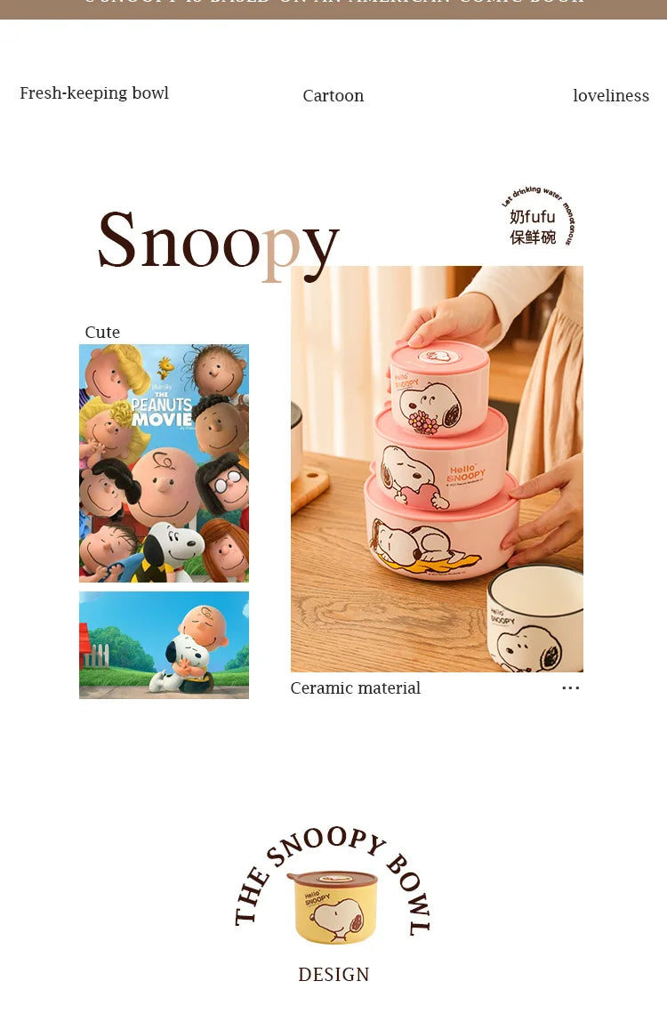Snoopy Ceramic Bowl Set Three Piece Lid Snoopy Luch Box