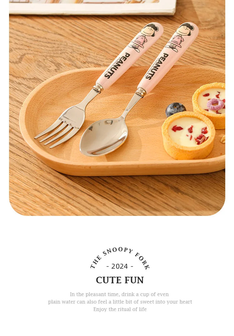 Animation Cartoon Snoopy Stainless Steel Spoon Ceramic Handled Spoon Fork Kawaii Children's Baby Tableware Cute Fruit Fork