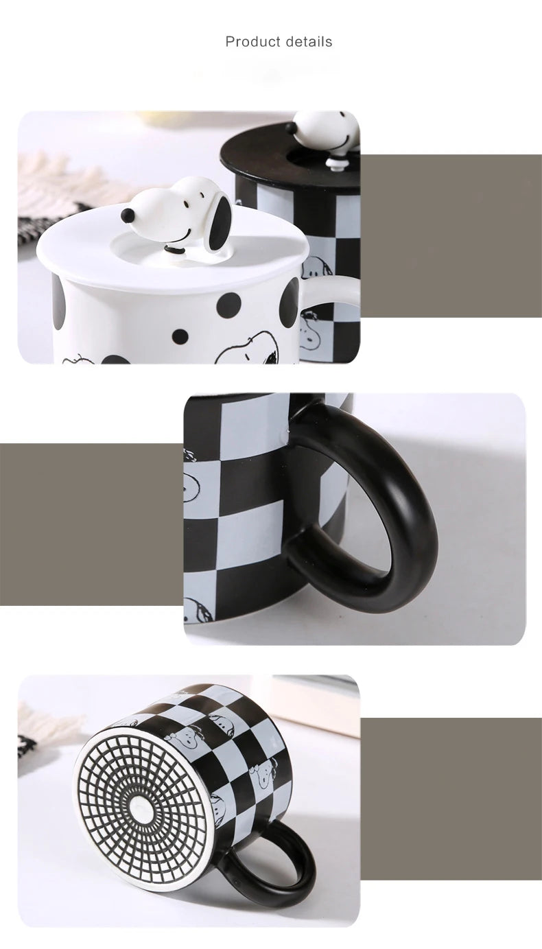 350Ml Black and White Mug With Lid Snoopy Cup