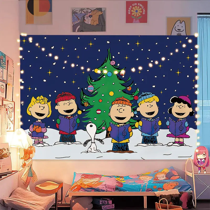 Miniso Snoopy Christmas Tapestry Wall Hanging Decor Kids Adult Bedroom Dorm Background Cloth Healing Style Party Decoration