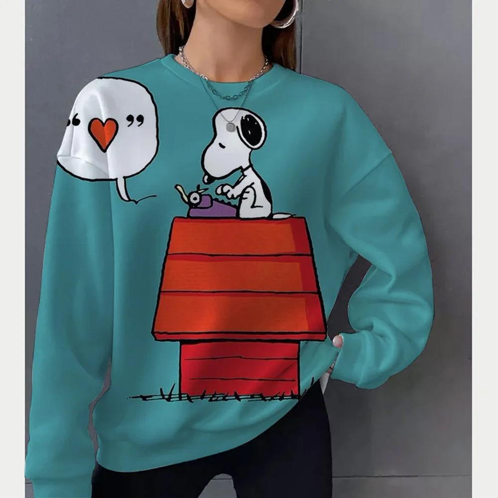 2026 autumn and winter new Snoopy round neck loose sportswear women's casual long sleeved pullover hooded top