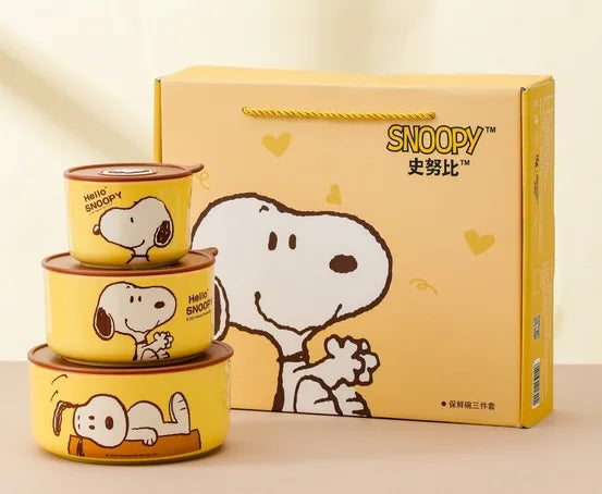 Snoopy Ceramic Bowl Set Three Piece Lid Snoopy Luch Box