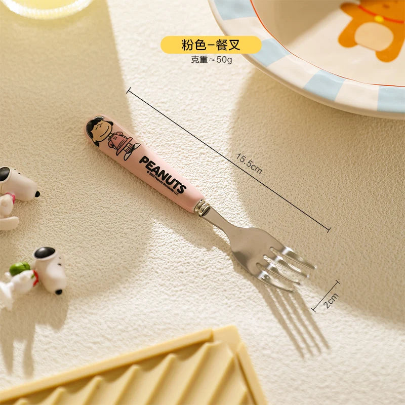 Animation Cartoon Snoopy Stainless Steel Spoon Ceramic Handled Spoon Fork Kawaii Children's Baby Tableware Cute Fruit Fork