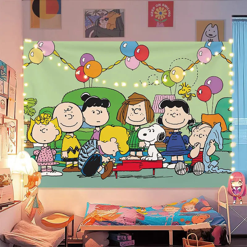 Miniso Snoopy Christmas Tapestry Wall Hanging Decor Kids Adult Bedroom Dorm Background Cloth Healing Style Party Decoration