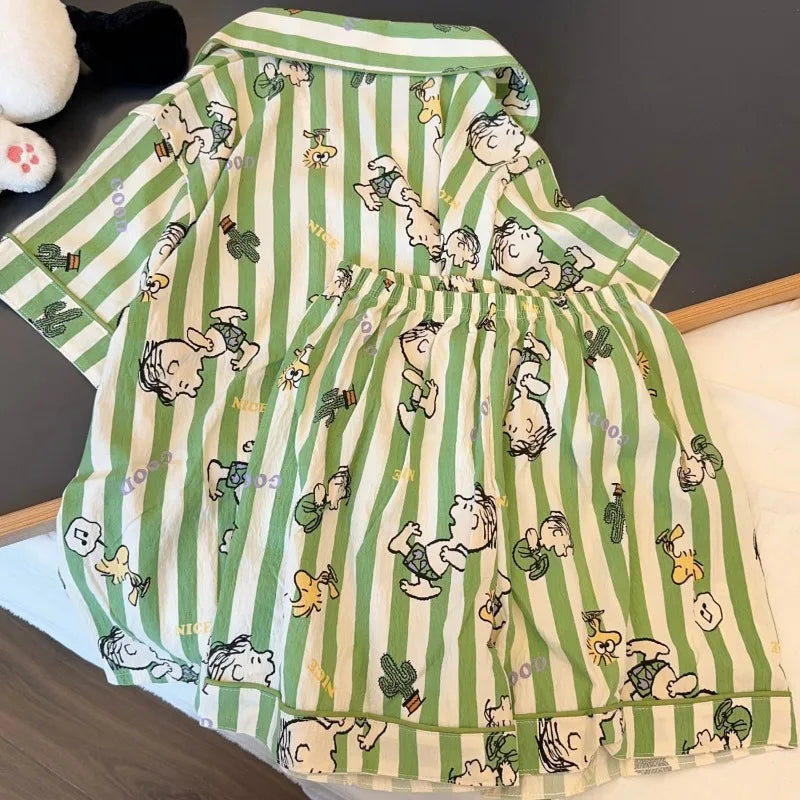 Striped Snoopy Charlie sleepwear women's summer new short sleeved ins wind Japanese sweet student home clothes for outdoor wear