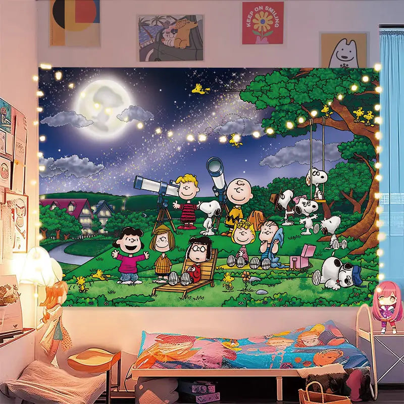 Miniso Snoopy Christmas Tapestry Wall Hanging Decor Kids Adult Bedroom Dorm Background Cloth Healing Style Party Decoration