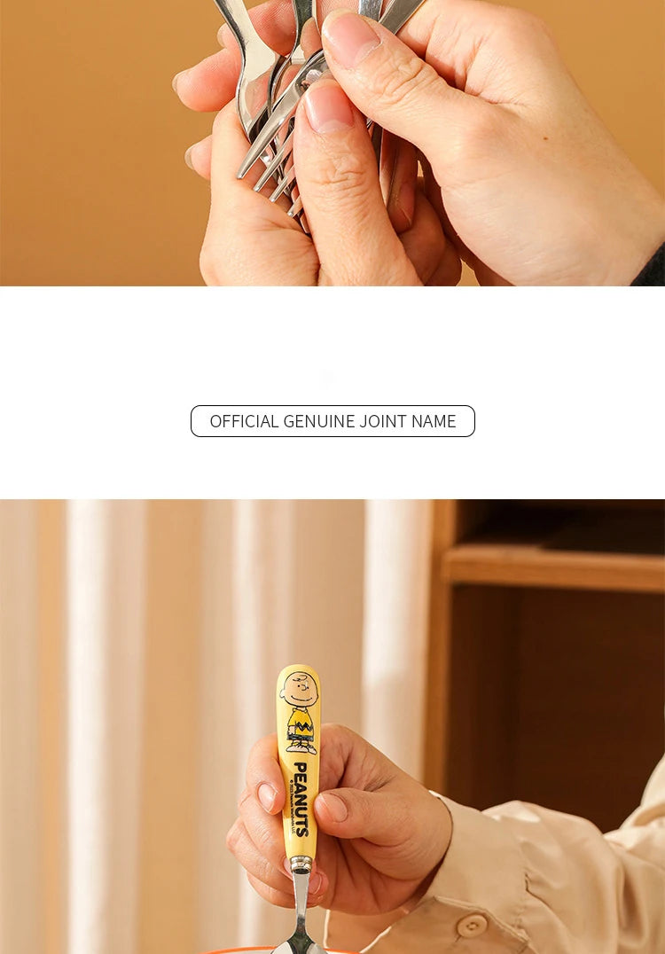 Animation Cartoon Snoopy Stainless Steel Spoon Ceramic Handled Spoon Fork Kawaii Children's Baby Tableware Cute Fruit Fork