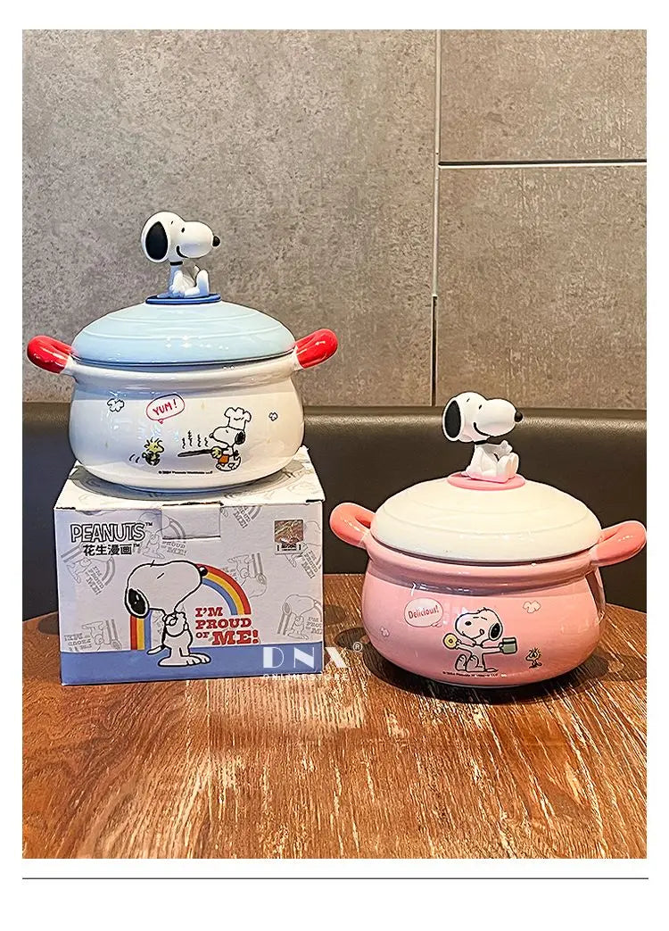 Peanuts Character Peripherals Snoopy New Ceramic Instant Noodle Bowl With Lid And Handle Student Dormitory Bowl Children'S Gift