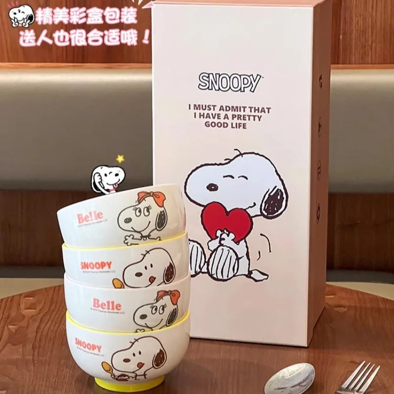 4Pcs Kawaii Snoopy Co-branded Cartoon Home Rice Bowl High Temperature Resistance Ceramic Tableware Set Gift Box Birthday Gift