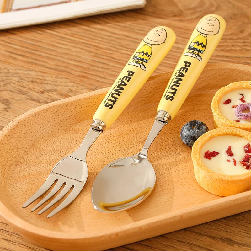 Animation Cartoon Snoopy Stainless Steel Spoon Ceramic Handled Spoon Fork Kawaii Children's Baby Tableware Cute Fruit Fork