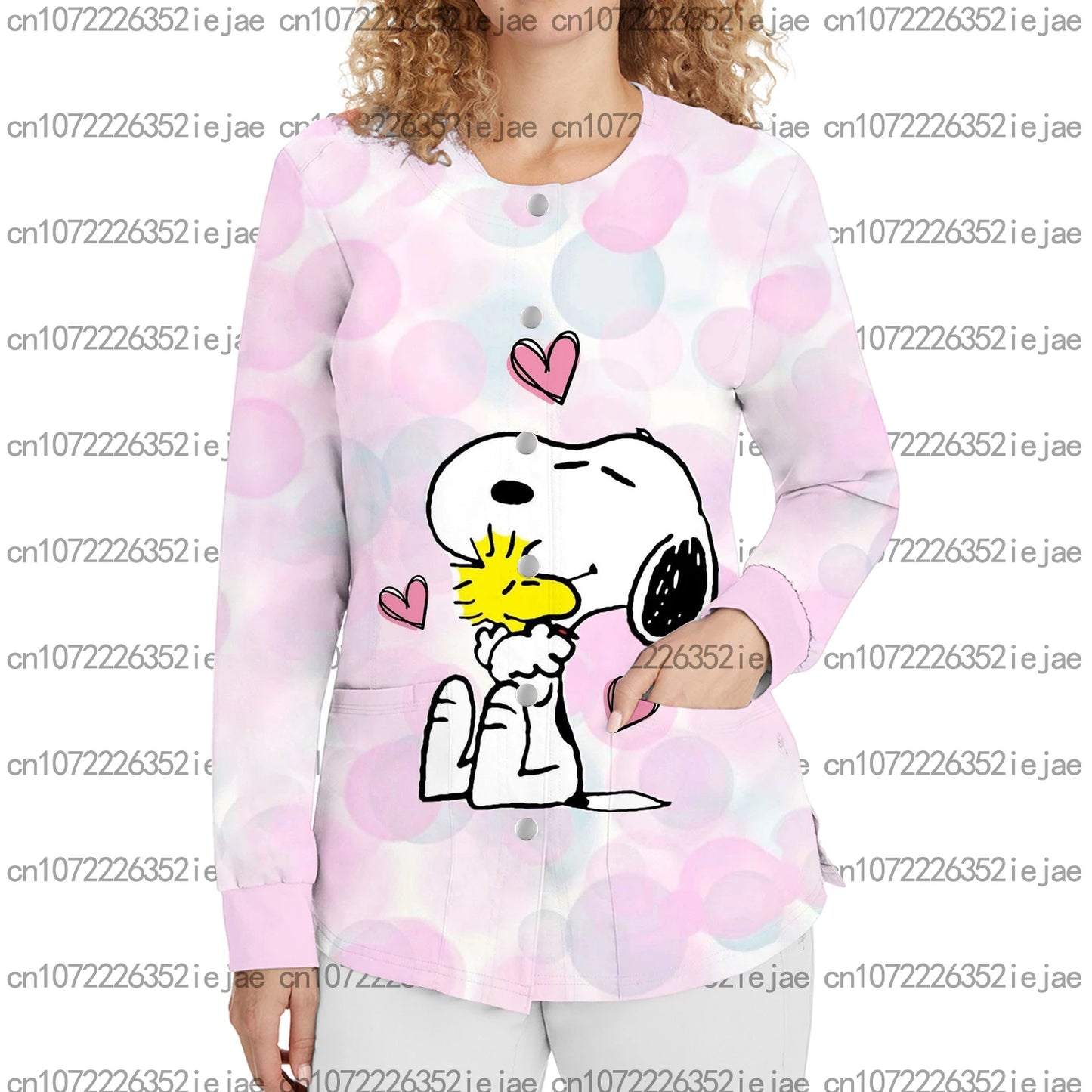 Snoopy Printed Long Sleeve Nurse Uniform Dental Beauty Salon Pet Shop Women's Pocket Snap Button Warm Surgical Gown Jacket