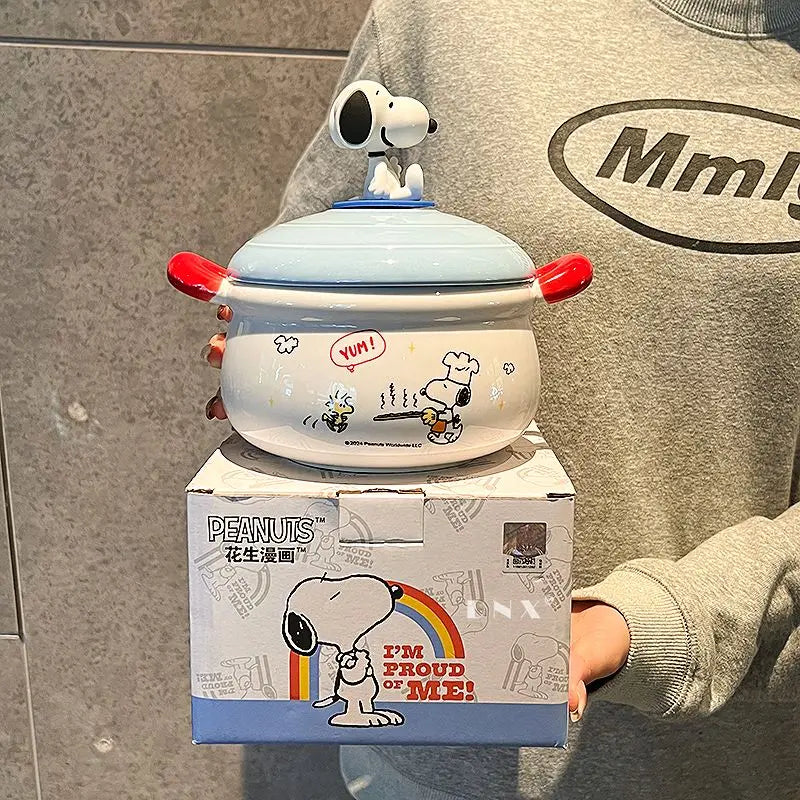 Peanuts Character Peripherals Snoopy New Ceramic Instant Noodle Bowl With Lid And Handle Student Dormitory Bowl Children'S Gift